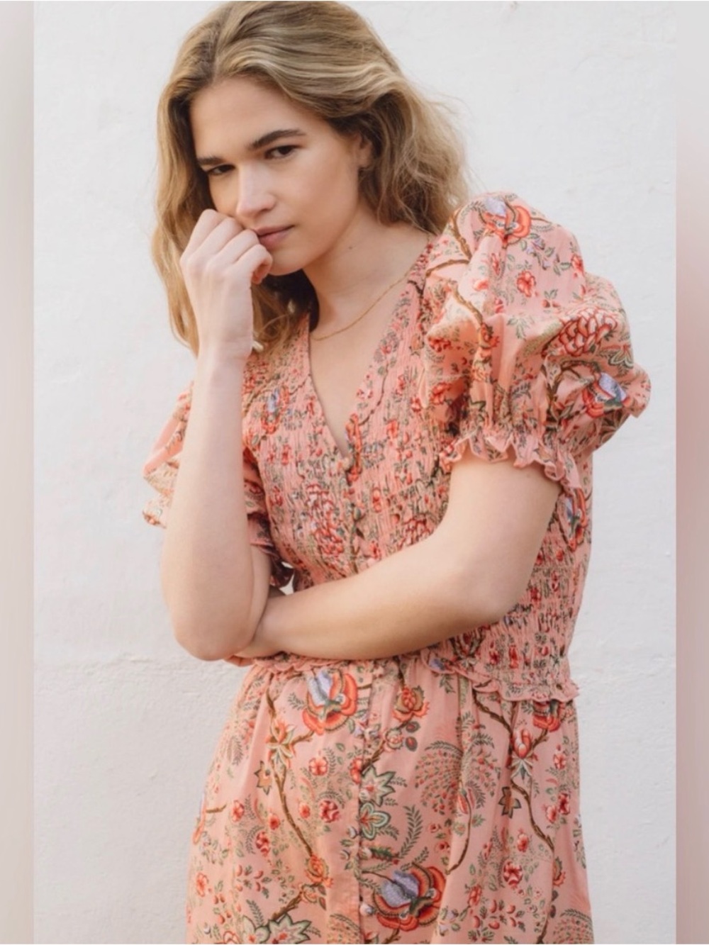 Sonmer Small Pink Floral Smocked Midi Dress with Puff Sleeves EUC India Dress